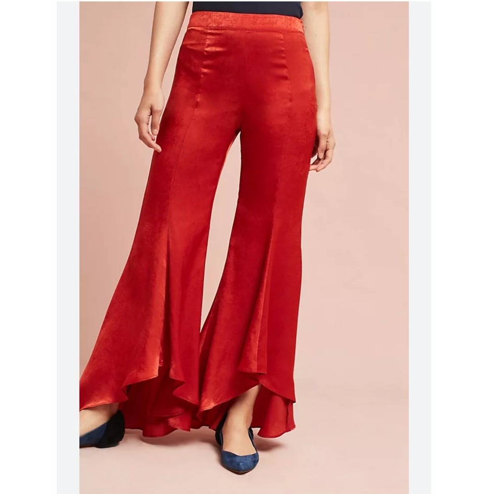 Anthropologie Liana Flounced Trousers Orange Satin Ruffle High Low Flare Pants S